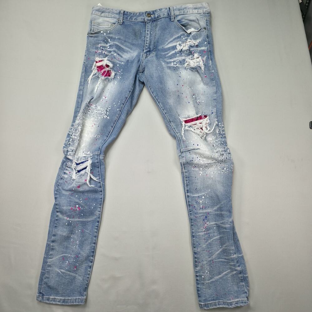 Smoke Rise Mens Skinny Jeans 36x34 Distressed Paint Splatter Stretch Denim